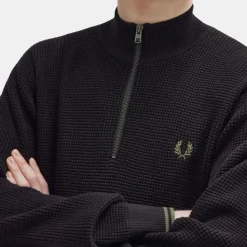 Fred Perry Jersey Waffle Stitch Half Zip Jumper Black